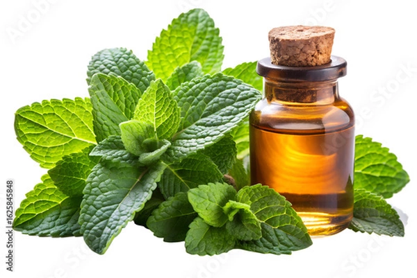 Obraz Aromatic Mint Leaves with Peppermint Essential Oil on Rustic Wooden Surface, isolated on white. Generative AI