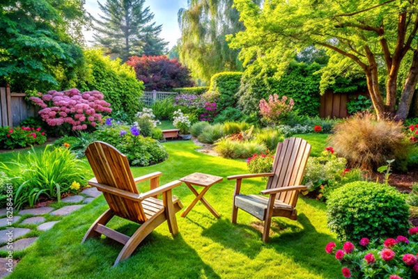 Obraz Tranquil Backyard Garden with Wooden Lawn Chairs Surrounded by Blooming Flowers. Generative AI