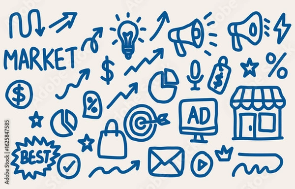 Fototapeta Hand-drawn marketing and advertising doodle icon set. Includes elements such as megaphone, light bulb, graph, dollar sign, percentage, shopping bag, pie chart, and storefront. Perfect for digital mark