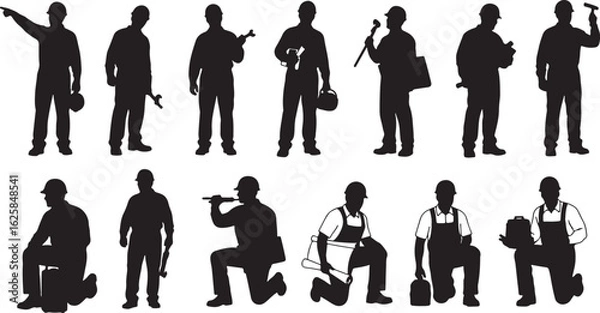 Fototapeta Construction workers pointing holding tools and blueprints, construction workers, silhouettes, pointing, tools, blueprints, hard hats, work, industrial, manual labor, male, standing, kneeling, carryin