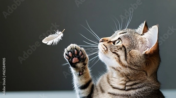 Obraz Playful Cat Interacting with Feather in Soft Light Background