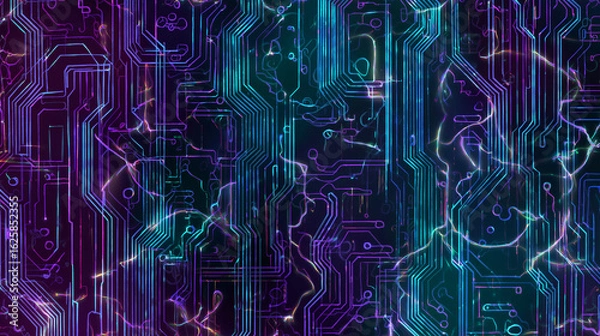 Fototapeta Neon glowing cyberpunk circuit board abstract background　光る回路基板の背景