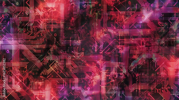 Fototapeta Abstract cyberpunk background with digital circuit board and glitch effects　　赤と黒を基調とした、複雑な回路基板の抽象的な背景