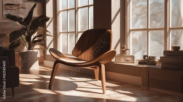 Fototapeta Luxury home interior with wooden furniture, a dining table, and chairs, and a window with a view