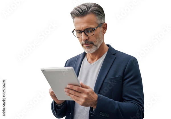 Obraz  Serious handsome senior businessman using a tablet, isolated on a transparent background