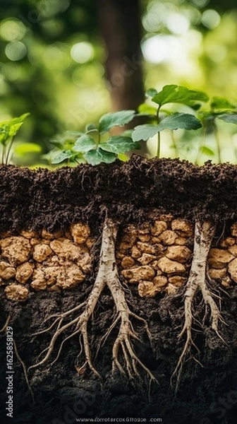 Fototapeta Close-Up View of Soil Layers with Roots and Young Green Plants