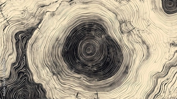 Fototapeta Abstract Black and White Tree Ring Texture for Background Design