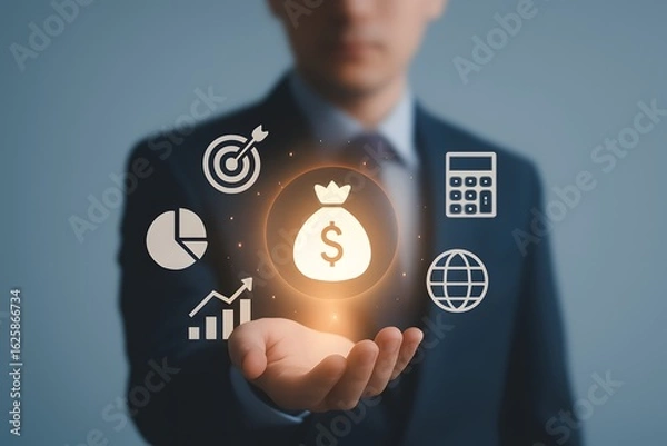 Fototapeta Businessman or trader showing icon of business and finance, Investment concept, invest money, business and finance, capital fundraising, dollar loan credit, trade, trader, invest in trading.