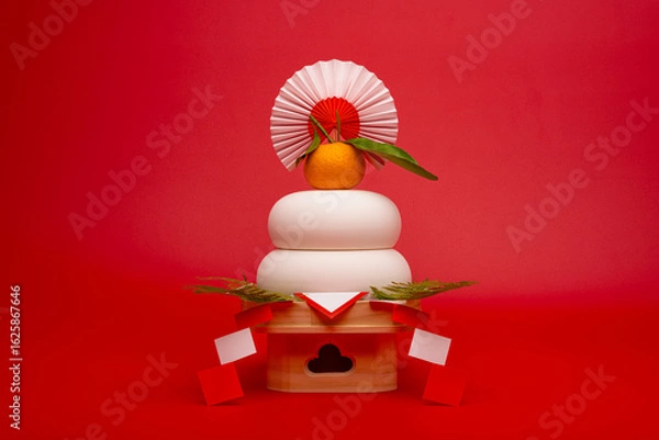 Obraz “鏡餅"を中央に配置した写真　赤背景　低い三宝(台座)あり
