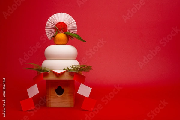 Obraz “鏡餅"を左側に配置した写真　赤背景　三宝(台座)あり