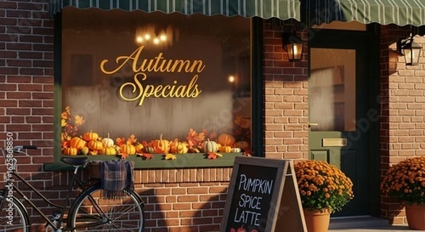 Fototapeta The brick facade of a cafe decorated for fall with an autumn specials sign pumpkins and a green awning creating a cozy storefront scene
