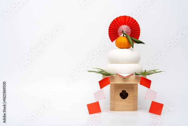 Obraz “鏡餅“を右側に配置した写真　白背景　三宝(台座)あり