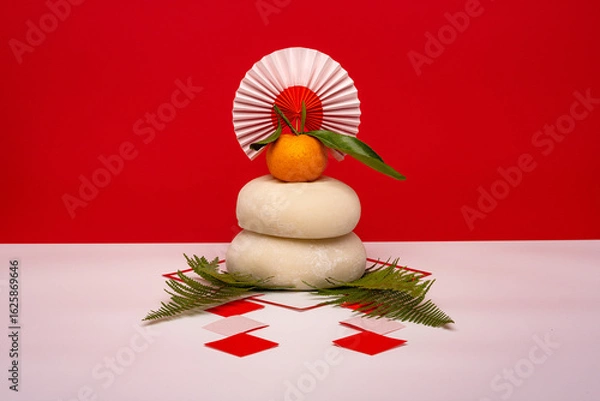 Obraz 本物のお餅“鏡餅“を中央に配置した写真　紅白背景　三宝(台座)無し