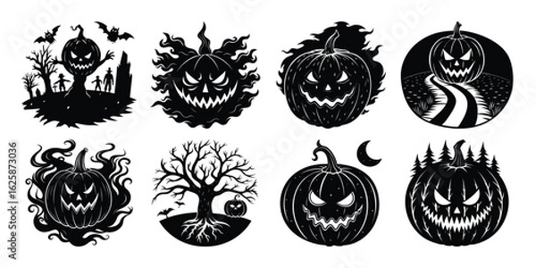 Obraz Fog & Shadows Pumpkin Faces – Misty Halloween Silhouette Vector Set.