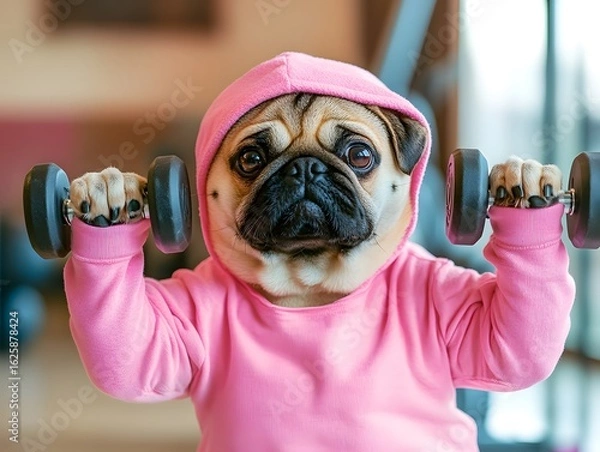 Fototapeta pug in workout clothes lifting small dumbbells, playful expression and fitness room background 
