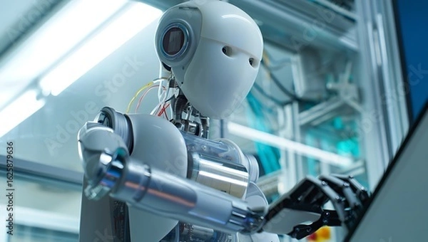 Fototapeta White Humanoid Robot with Transparent Arms Working at a Desk in a Bright Modern Laboratory