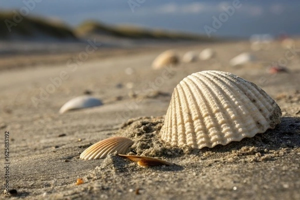 Obraz Close up of a textured seashell resting on a sandy beach with gentle waves in the background