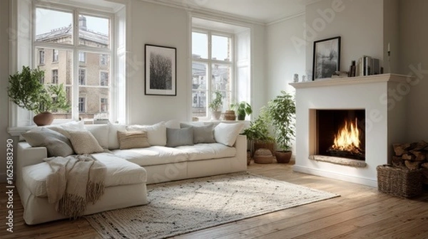 Fototapeta White corner sofa near fireplace. Scandinavian home interior design of modern living room.