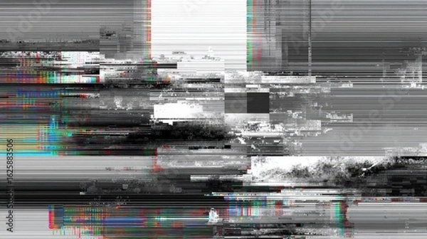 Obraz glitch error screen, digital image malfunction, abstract technology failure, corrupted file, modern tech distortion, gray background