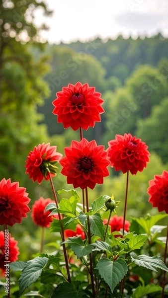 Fototapeta Vibrant red dahlias in full bloom, set against a softly blurred green woodland backdrop