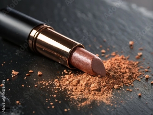 Obraz Close up of a metallic rose gold lipstick with shimmering powder on a dark textured surface