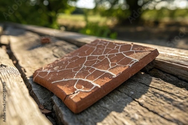 Obraz Ancient fossilized leaf imprint with intricate vein patterns on weathered wood in natural sunlight