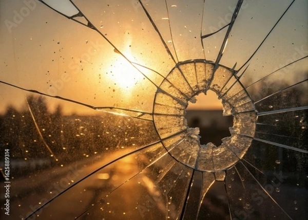 Obraz Golden sunset viewed through a cracked window pane with water droplets