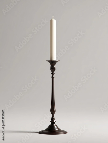 Fototapeta A tall, slender candlestick with an elegant design and dark bronze finish stands alone against the light gray background of your studio