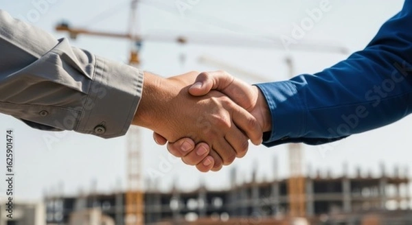 Fototapeta Two construction workers, men, shaking hands at a construction site. Business agreement and partnership concept for building projects.