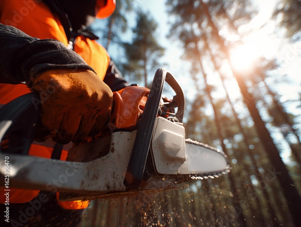 Obraz Worker Using Chainsaw in Sunlit Forest