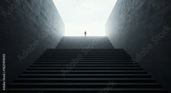 Obraz A solitary figure on an ascending staircase against stark, shadowy walls, illuminated by soft, diffused light; evokes feelings of loneliness and introspection, emphasizing lines and geometric shapes.