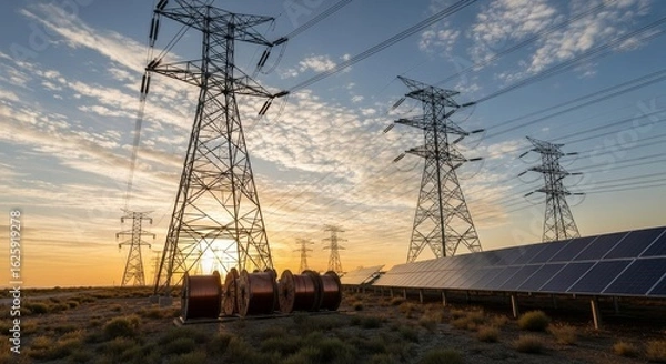 Fototapeta High-voltage power lines and solar panels at sunset.  Renewable energy infrastructure in a desert landscape.  A scene of sustainable energy generation and transmission.