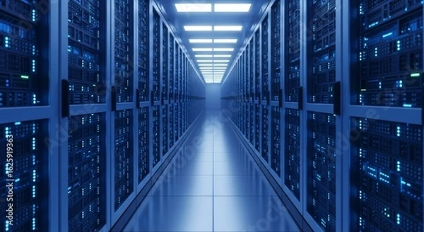 Fototapeta Modern server room interior. Rows of powerful computer servers with glowing lights in a data center.  High-tech infrastructure and network technology concept.
