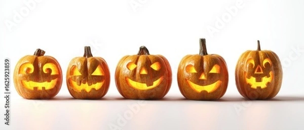 Fototapeta The collection of creatively carved pumpkins glowing in the dark.