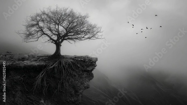 Obraz Lonely Tree on Cliff in Dramatic Black and White Landscape