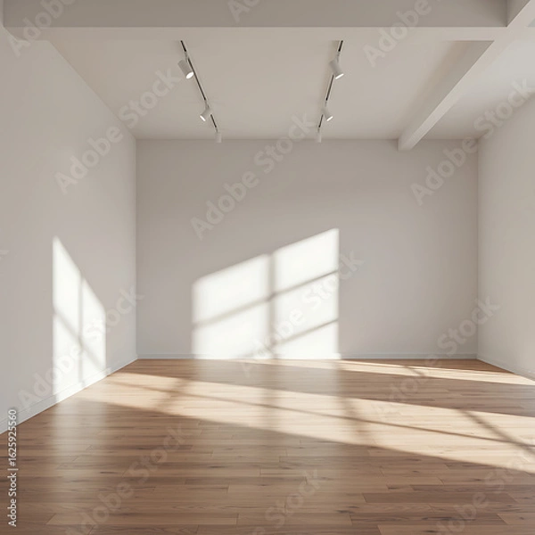 Fototapeta Spacious empty room with white walls, hardwood flooring, and bright sunlight casting shadows