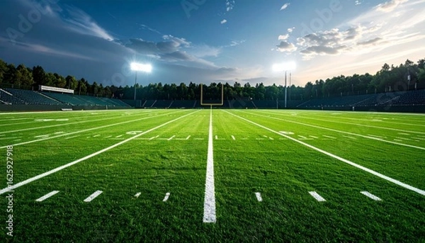 Fototapeta Empty professional football stadium at dusk, illuminated by floodlights. Vivid green grass field with white yard lines, viewed from sideline perspective