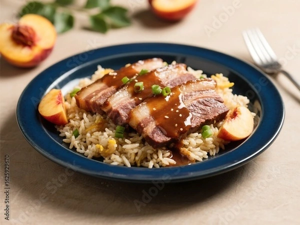 Fototapeta Roasted beef Belly with Bourbon-Peach Sauce, Fried Rice