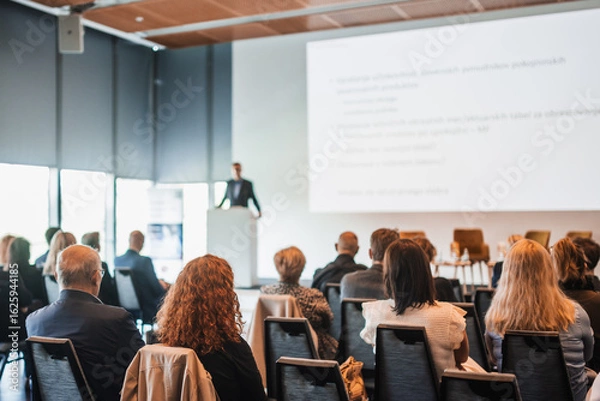 Fototapeta Speaker giving a talk in conference hall at business event. Rear view of unrecognizable people in audience at the conference hall. Business and entrepreneurship concept