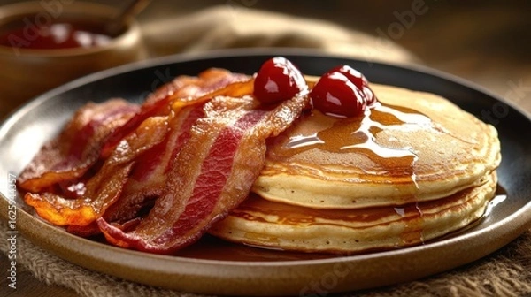 Obraz A traditional American breakfast with pancakes and bacon, side angle shot, in a cozy setting