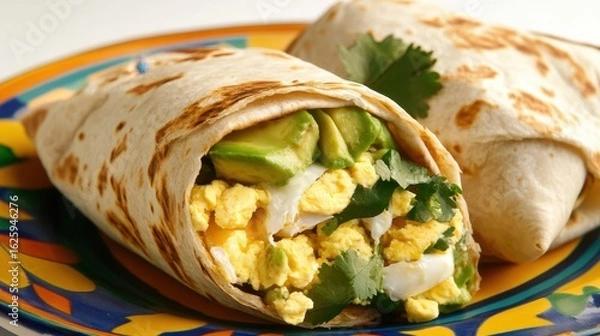 Obraz A warm breakfast burrito filled with eggs and avocado, action shot, on a colorful plate