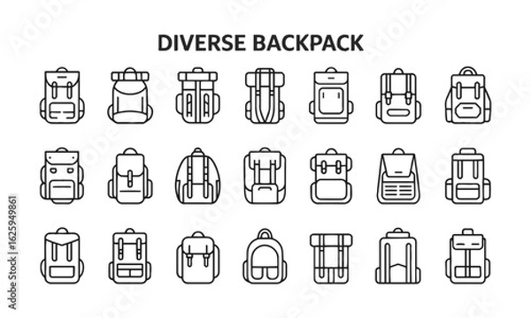 Fototapeta  Scalable vector illustration featuring outdoor, travel, fashion, modular, slim, convertible, roll-top, and structured backpacks, easily editable.