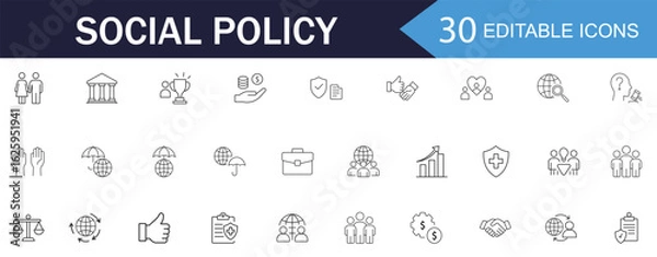 Obraz Social policy line icons set. Collection of Social services Linear Icons, Including, healthcare, family, education, protection, law, insurance, healthcare, reform and more. vector illustration.