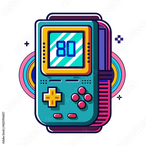 Fototapeta Retro handheld video game console with colorful accents isolated on white background