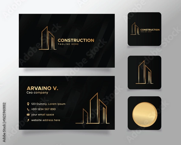 Fototapeta Elegant business card design for construction company in  black and gold