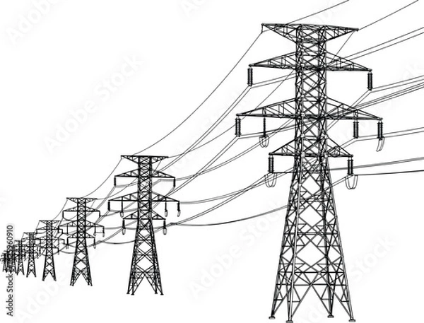 Fototapeta High voltage transmission towers, electric power lines stretching into distance, energy distribution network design, flat vector illustration