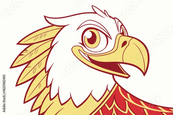 Fototapeta Simple vector garuda, cartoon style, flat gold and red tones, majestic yet friendly face
