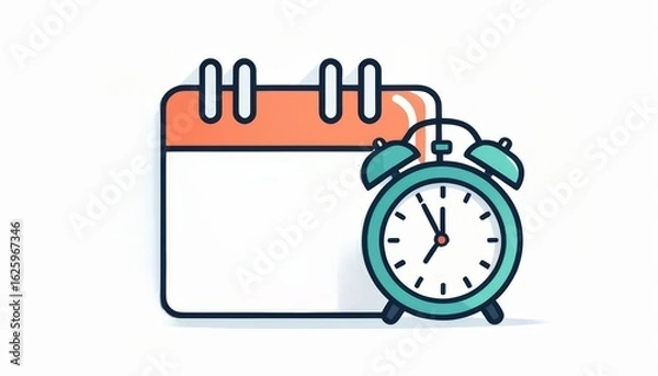 Obraz A simplified illustration of a calendar page beside a clock, symbolizing scheduling, time management, or planning.