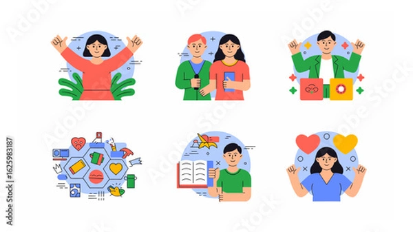 Fototapeta Diverse collection of vector illustrations portraying individuals expressing positivity, connection, and self-assurance in various scenarios