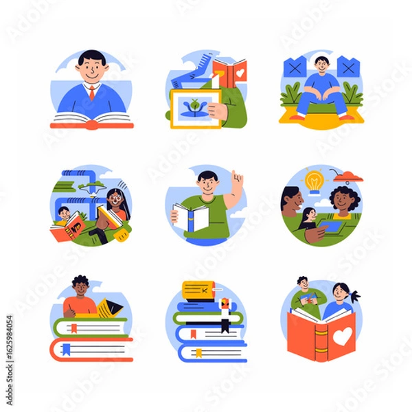 Fototapeta Diverse group of people reading books and learning in various educational settings vector illustration for educational resources